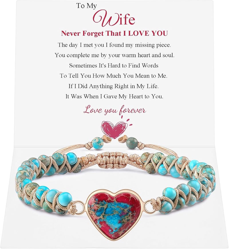 BABORI Jasper Heart Bracelet Adjustable Imperial Stone Beaded Braided Handmade Bracelet for Women Birthday Anniversary Mothers Day Christmas Graduation Jewelry Gifts for Her Mother Daughter - Image 1